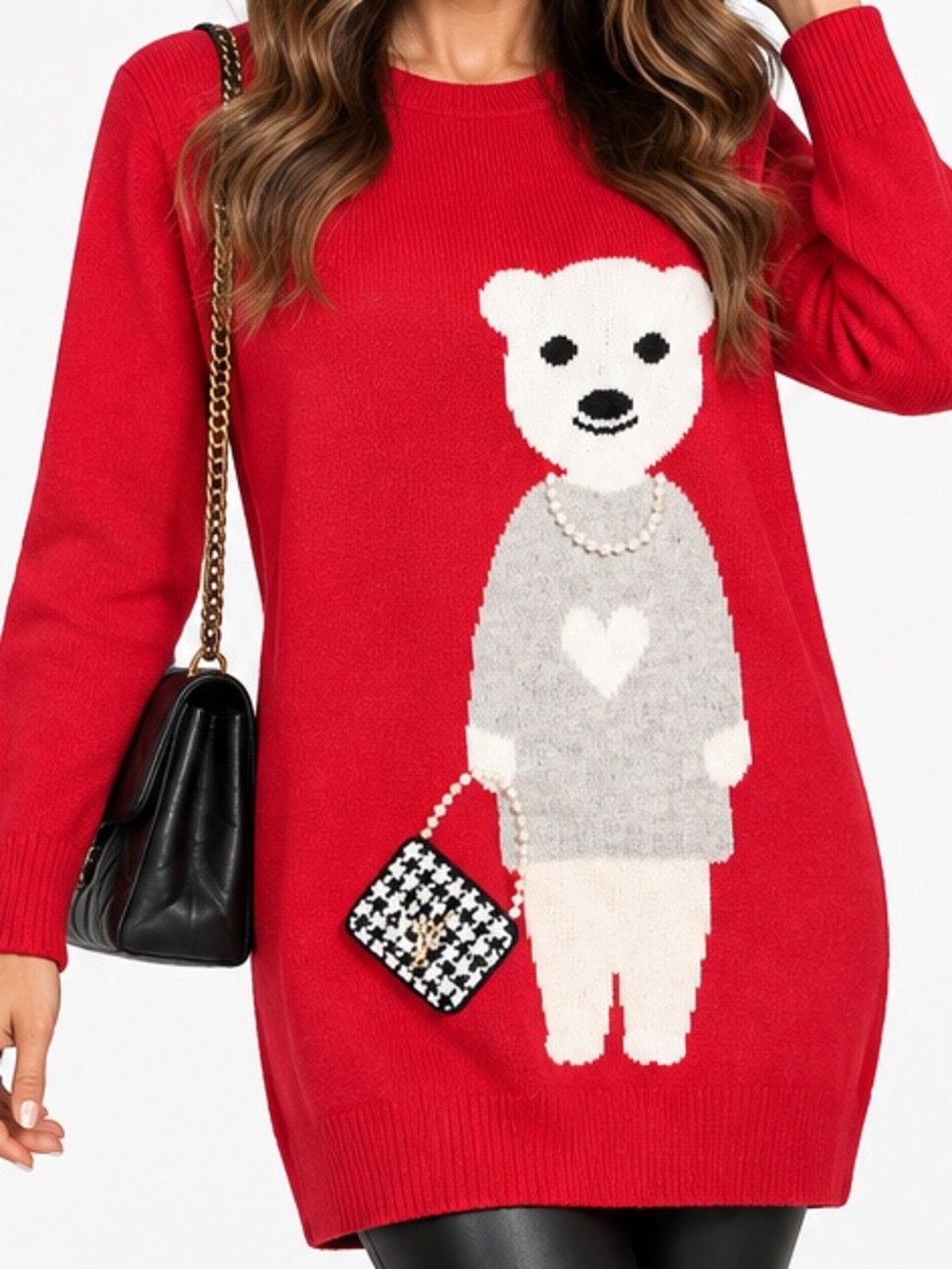 120.New 3D Red Teddy Graphic Knit Sweater Dress - Comfortable Women's Sweater